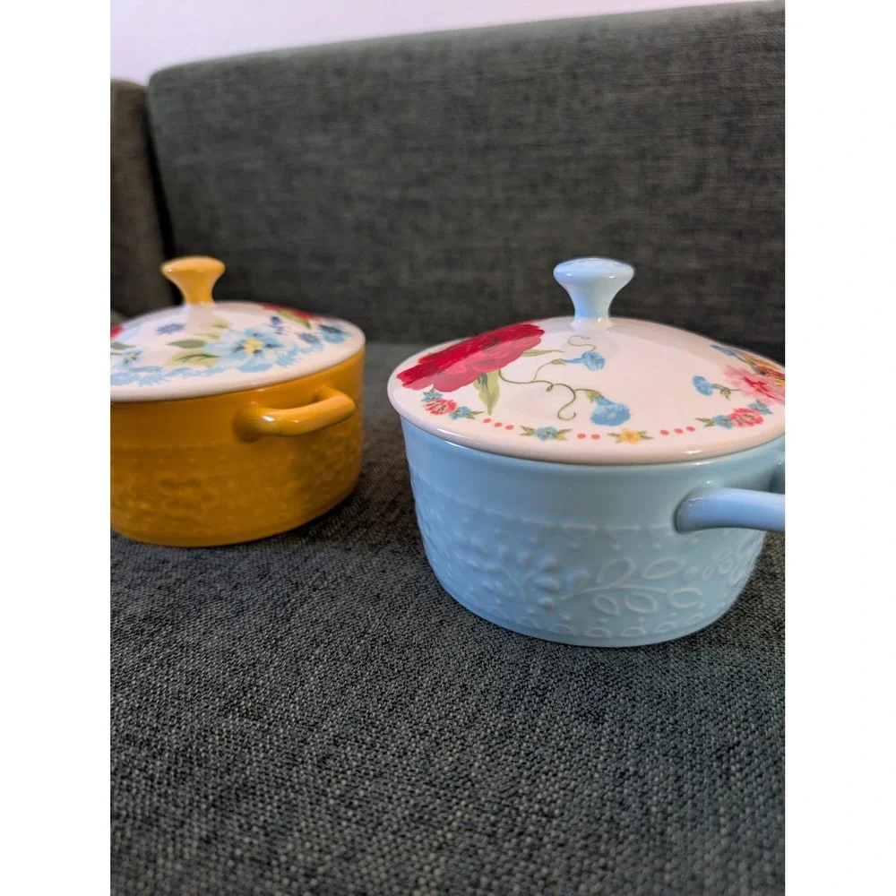 Pioneer Woman Stoneware Mini‎ Cocottes Set of 2 Floral Lidded Casserole Cottage